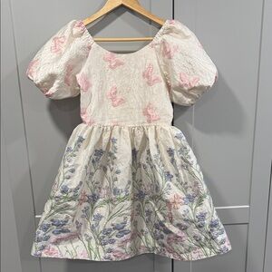 Rare Editions Cream Dress with Pink Butterfly and Blue Floral Embroidery